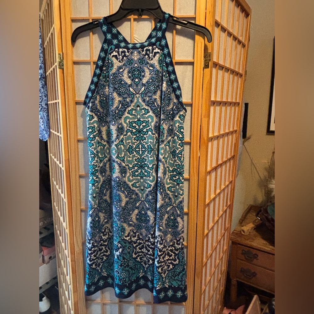 Elegant Blue and Black Patterned Halter Dress